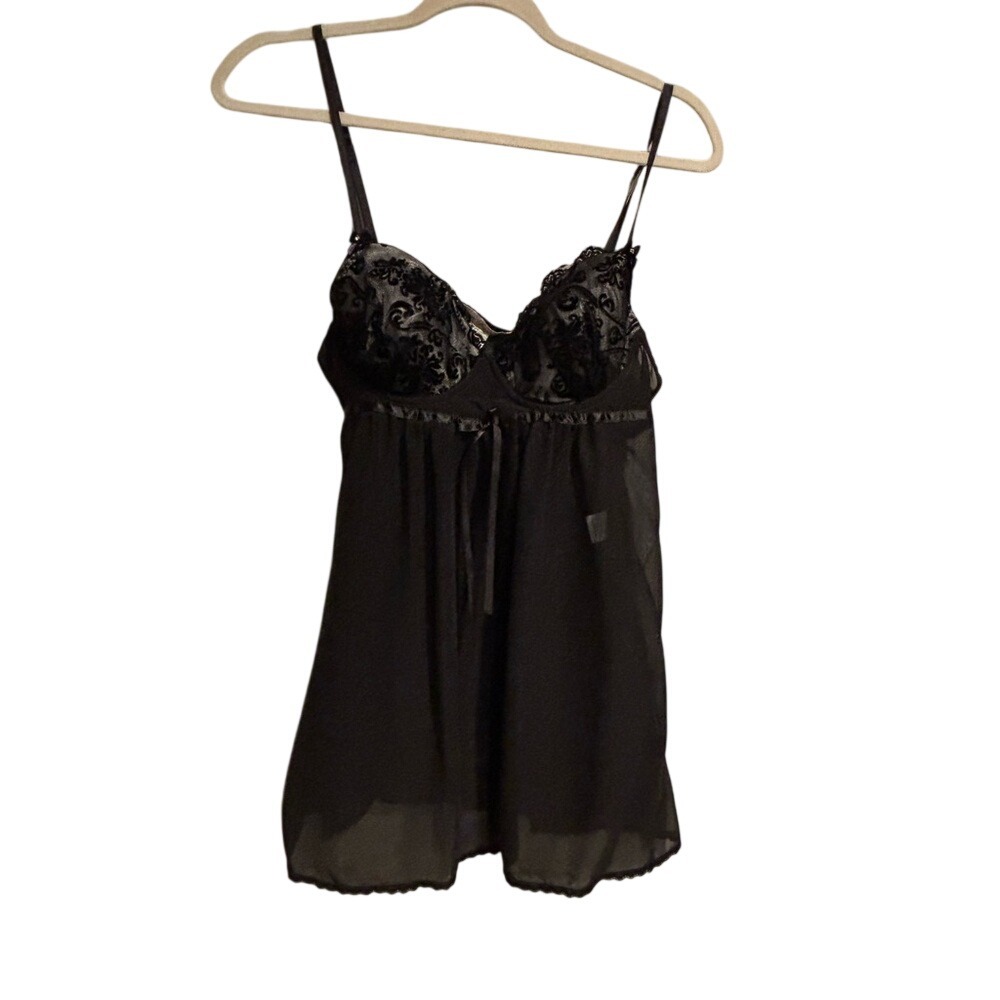 Linea Donatella Black Sheer Lace Babydoll Nightie‎ Size M